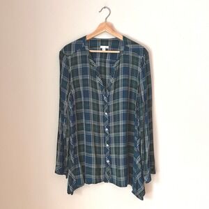 J Jill Plaid Button Front Tunic Shirt‎ Women's XL Blue Green Pink Long Sleeve